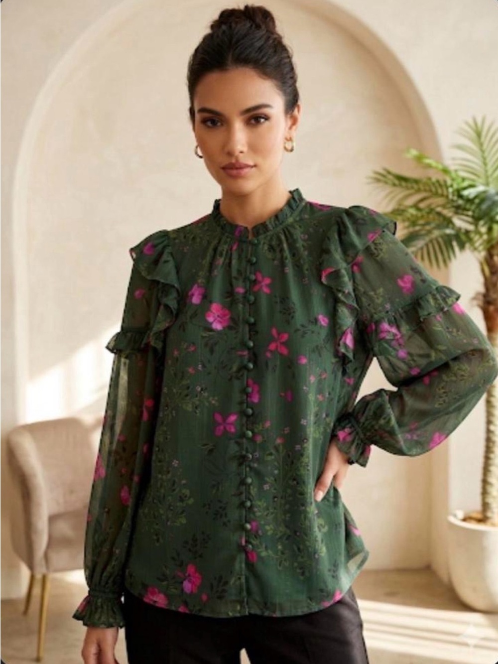 Sugarlips Green Floral Ruffle-Trim Blouse with Hot Pink Flowers - Picture 5 of 5